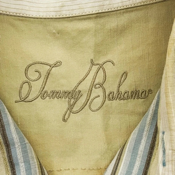 Tommy Bahama Men's Striped Cream Yellow Blue Silk Linen Shirt‎ XLX - Picture 5 of 5